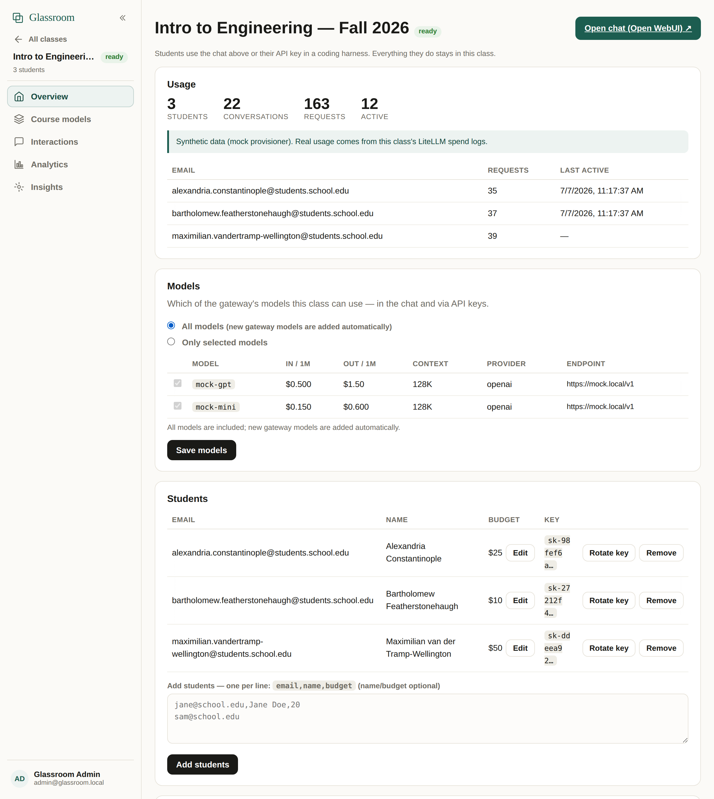The Glassroom instructor dashboard showing a class overview: usage stats, the models table with pricing, and the student roster with budgets and keys.